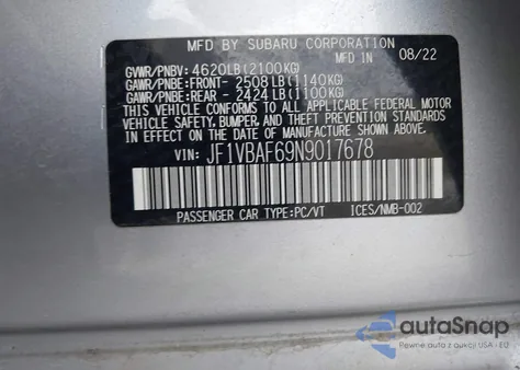 2022 Subaru Wrx Premium z USA, uszkodzony, nr VIN JF1VBAF69N9017678